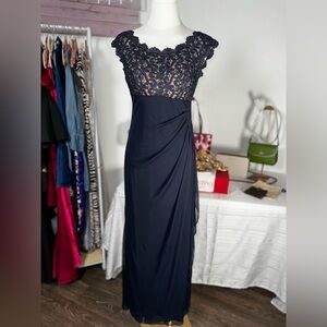 SZ 4 petite | Sexy Sheer Navy, Lace & Silver Shimmer Thread Accent Dress